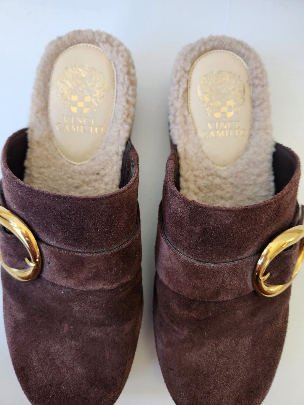 Vince Camuto Canzenee Brown Suede Shearling Sherpa Clogs Comfy Cozy Cute Boho - Picture 5 of 9